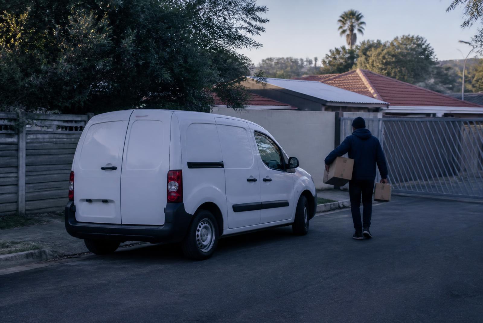 Courier carrying parcels from a small delivery van on a Johannesburg street